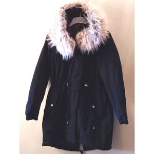 ANA Black Anorak Jacket Faux Fur Trimmed Hood Snap Pockets Drawstring Waist M